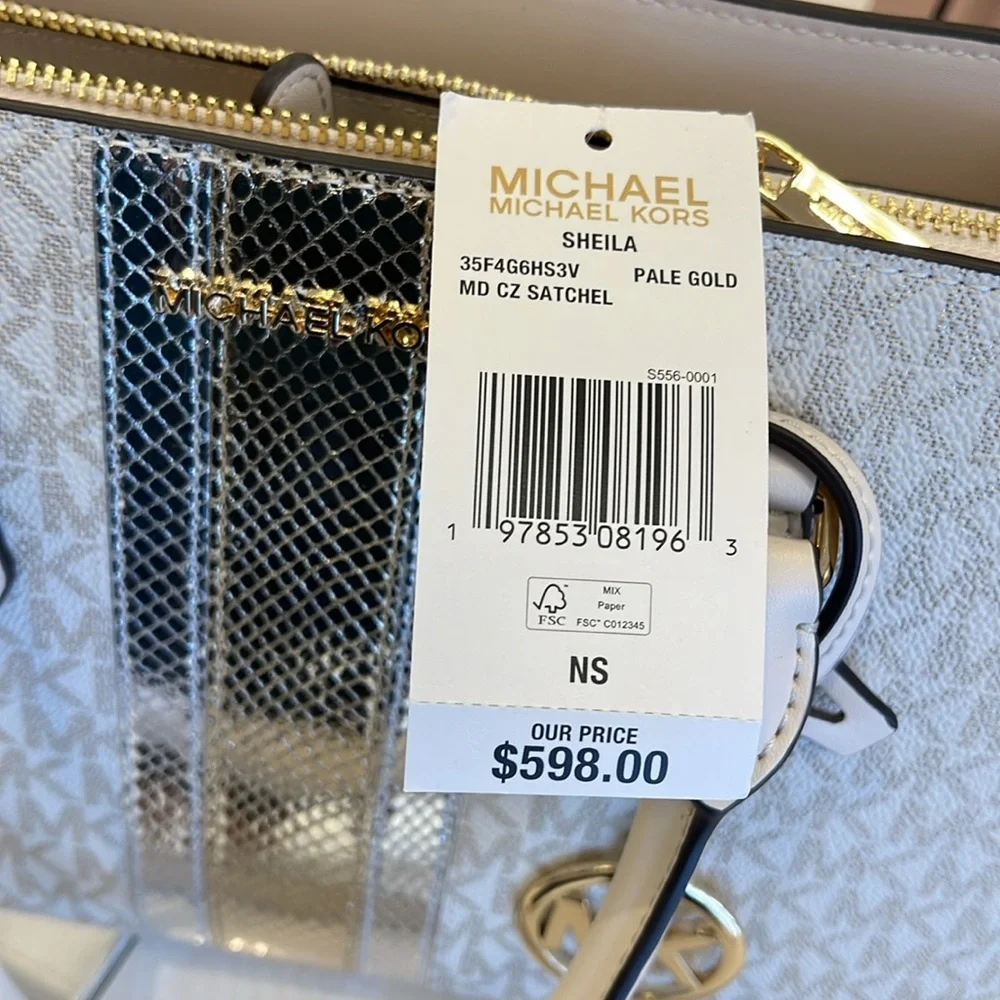 Michael Kors Sheila Medium Signature Logo and Metallic Satchel Crossbody CZ NWT